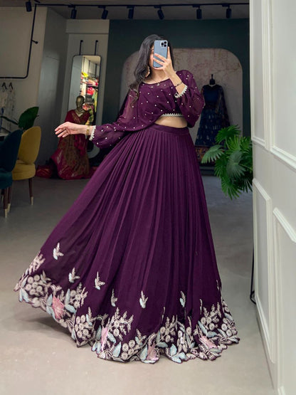 Wine Purple Pleated Skirt and Pearl Embellished Crop Top Co-ord Set – Elegant Indo-Western Look