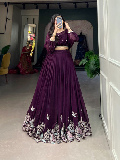 Wine Purple Pleated Skirt and Pearl Embellished Crop Top Co-ord Set – Elegant Indo-Western Look