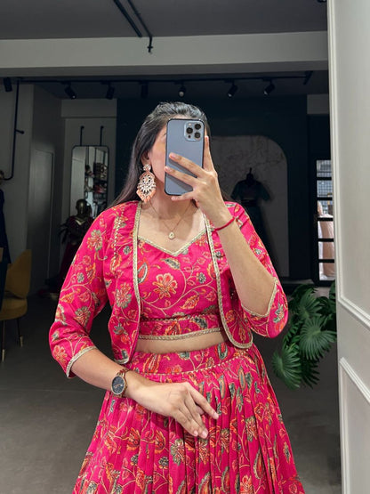 Hot Pink Floral Zari Weaving Lehenga Choli Set – Festive Silk Ensemble for Wedding & Navratri