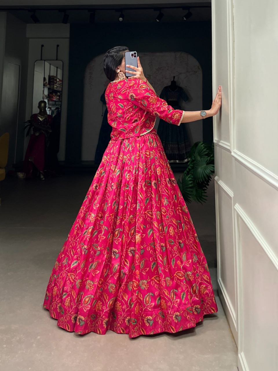 Hot Pink Floral Zari Weaving Lehenga Choli Set – Festive Silk Ensemble for Wedding & Navratri