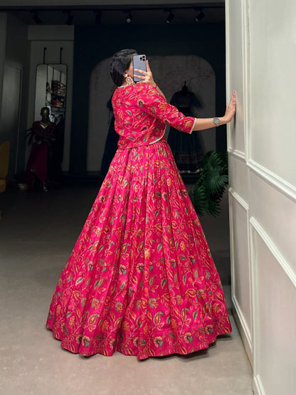 Hot Pink Floral Zari Weaving Lehenga Choli Set – Festive Silk Ensemble for Wedding & Navratri