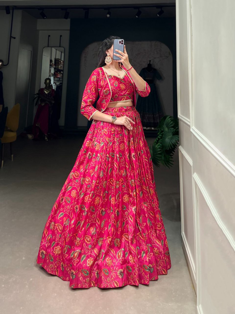 Hot Pink Floral Zari Weaving Lehenga Choli Set – Festive Silk Ensemble for Wedding & Navratri