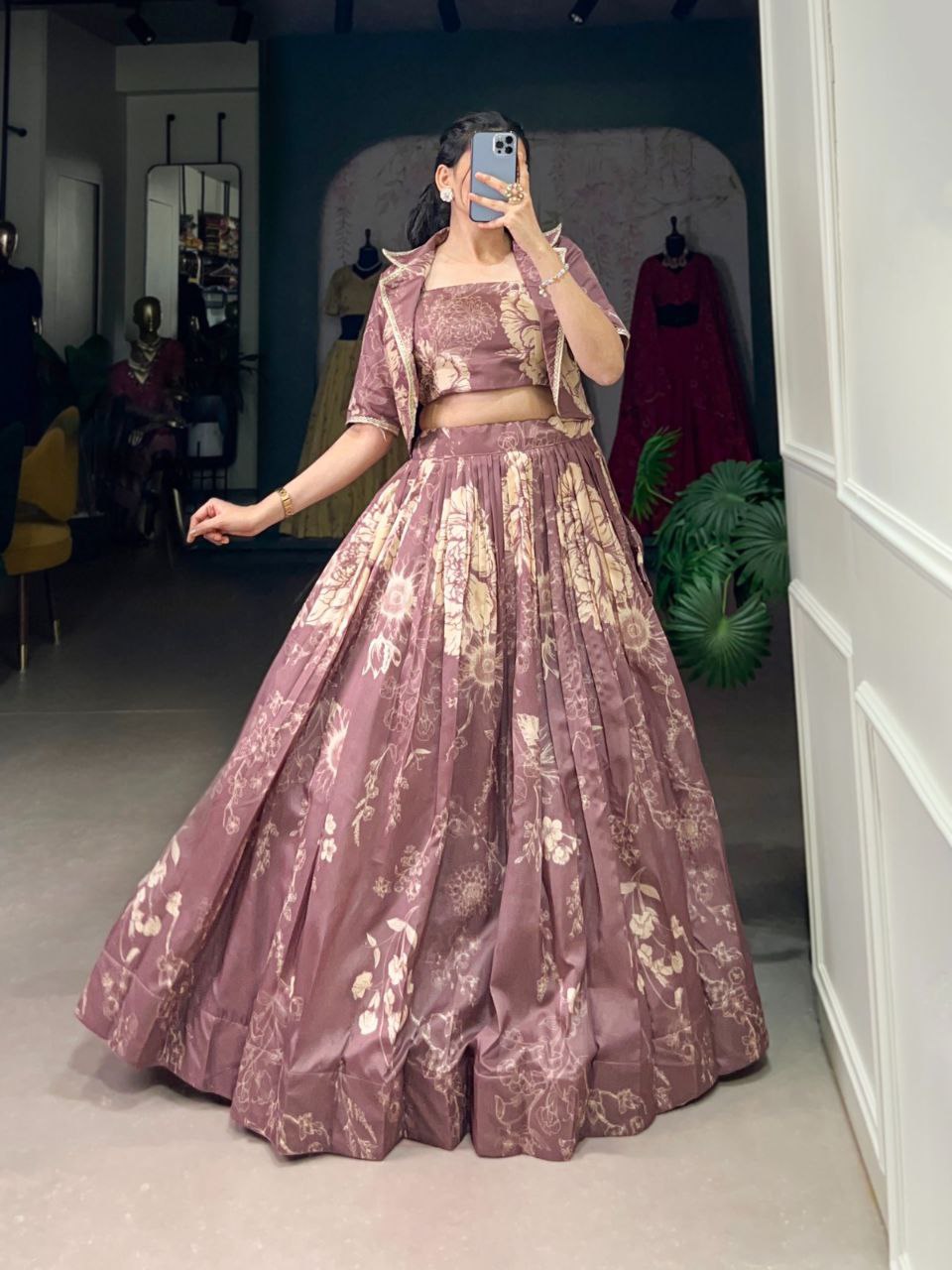 Floral Print Silk Lehenga Choli with Matching Jacket – Elegant Contemporary Festive Wear