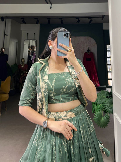 Floral Print Silk Lehenga Choli with Matching Jacket – Elegant Contemporary Festive Wear