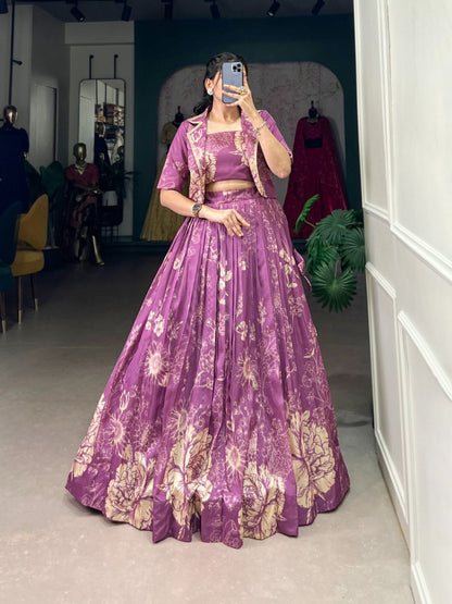 Floral Print Silk Lehenga Choli with Matching Jacket – Elegant Contemporary Festive Wear