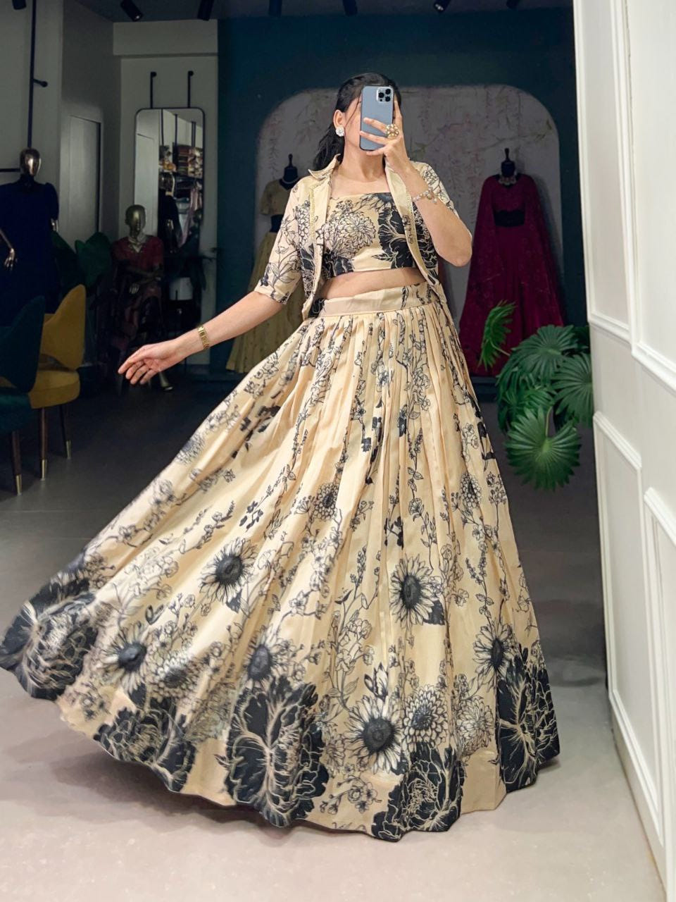 Floral Print Silk Lehenga Choli with Matching Jacket – Elegant Contemporary Festive Wear