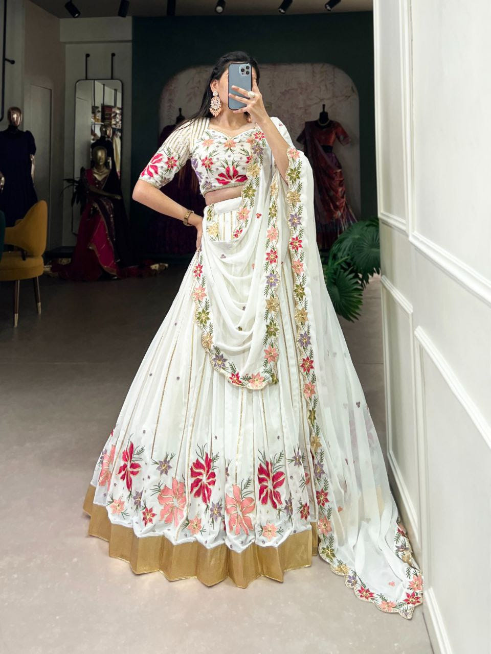 Ivory White Floral Embroidered Lehenga Choli with Multicolor Threadwork Dupatta – Elegant Festive Ensemble