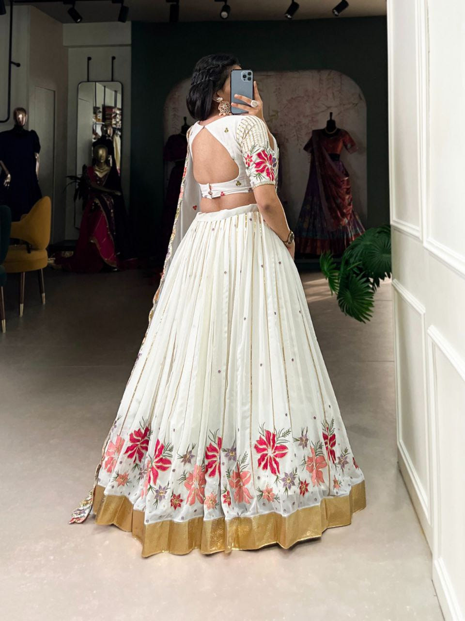 Ivory White Floral Embroidered Lehenga Choli with Multicolor Threadwork Dupatta – Elegant Festive Ensemble