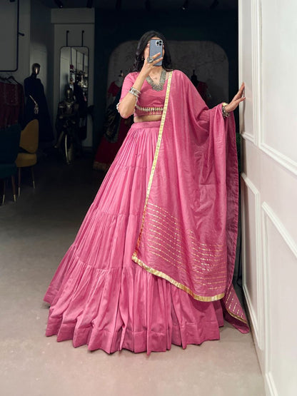 Rose Quartz Pink Mirror Work Lehenga Choli Set with Gota Patti Dupatta - Drapes Dress