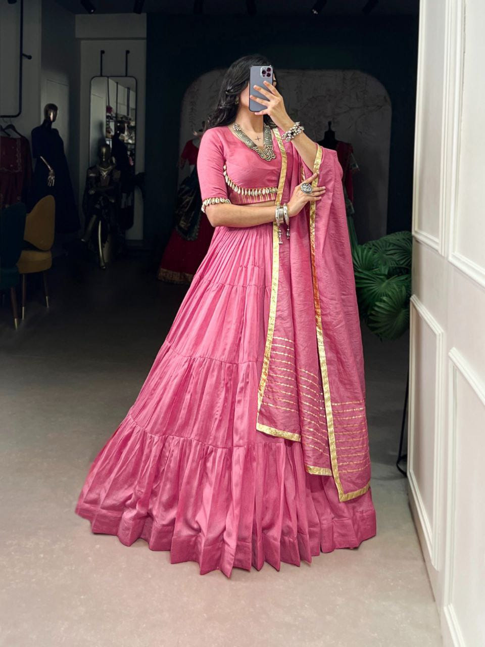 Rose Quartz Pink Mirror Work Lehenga Choli Set with Gota Patti Dupatta - Drapes Dress