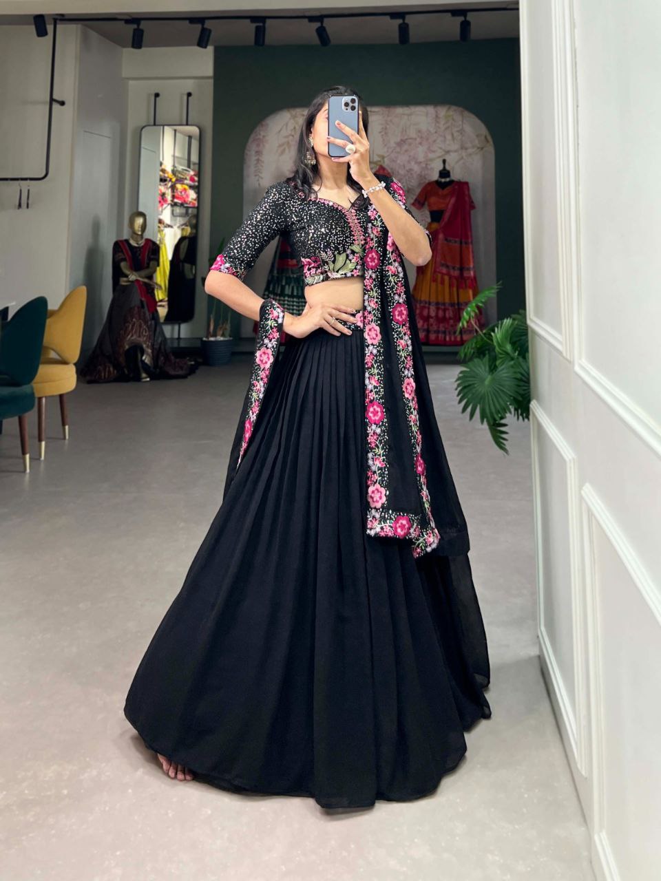 Midnight Black Sequin & Floral Embroidered Lehenga Choli Set