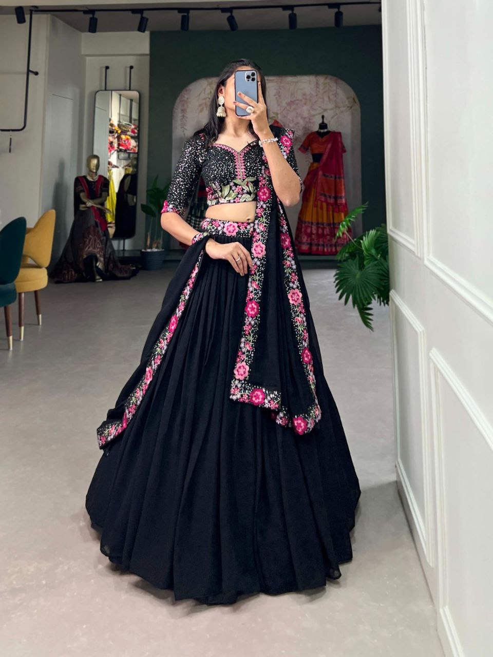 Midnight Black Sequin & Floral Embroidered Lehenga Choli Set