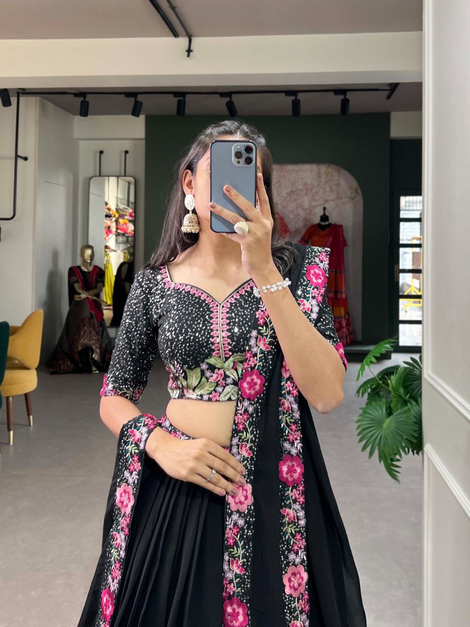 Midnight Black Sequin & Floral Embroidered Lehenga Choli Set