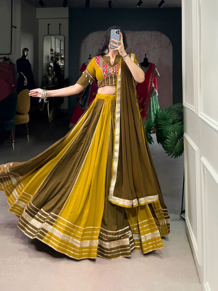 Mustard Olive Dual-Tone Mirror Work Lehenga Choli with Multicolor Embroidered Yoke