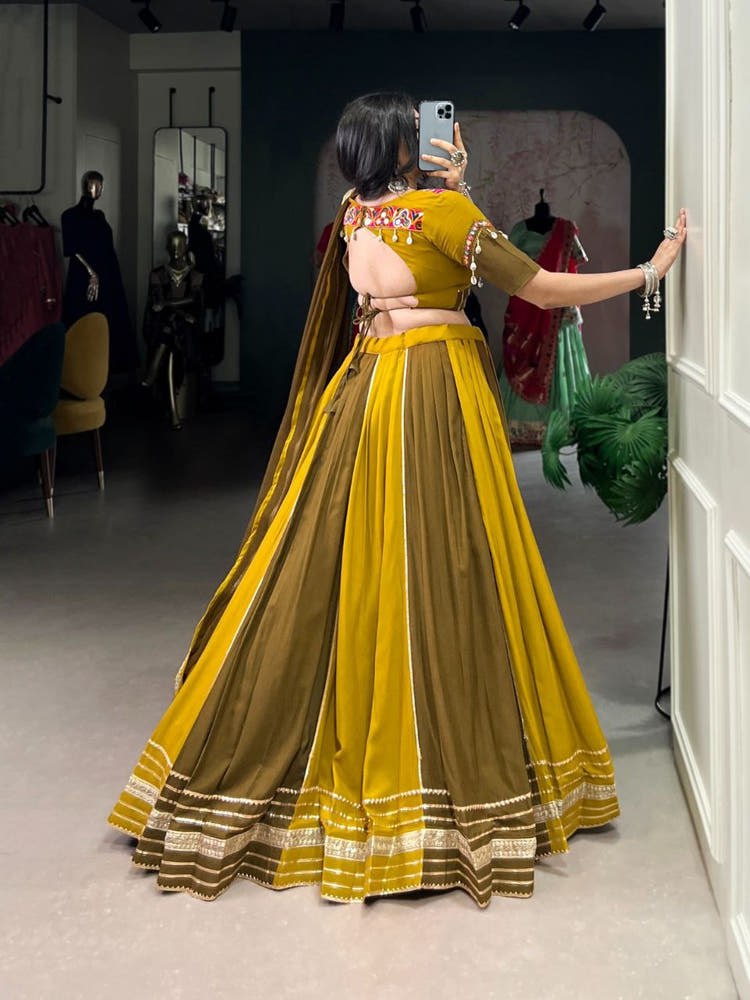 Mustard Olive Dual-Tone Mirror Work Lehenga Choli with Multicolor Embroidered Yoke