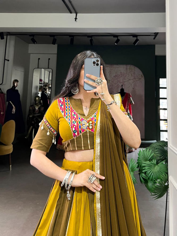 Mustard Olive Dual-Tone Mirror Work Lehenga Choli with Multicolor Embroidered Yoke