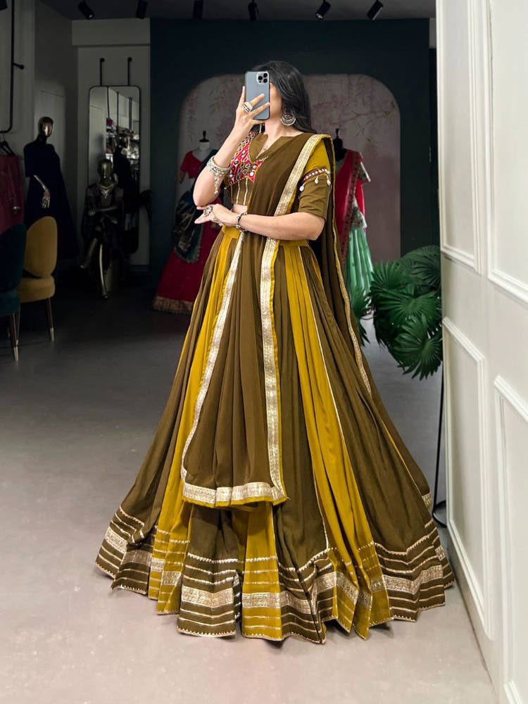 Mustard Olive Dual-Tone Mirror Work Lehenga Choli with Multicolor Embroidered Yoke