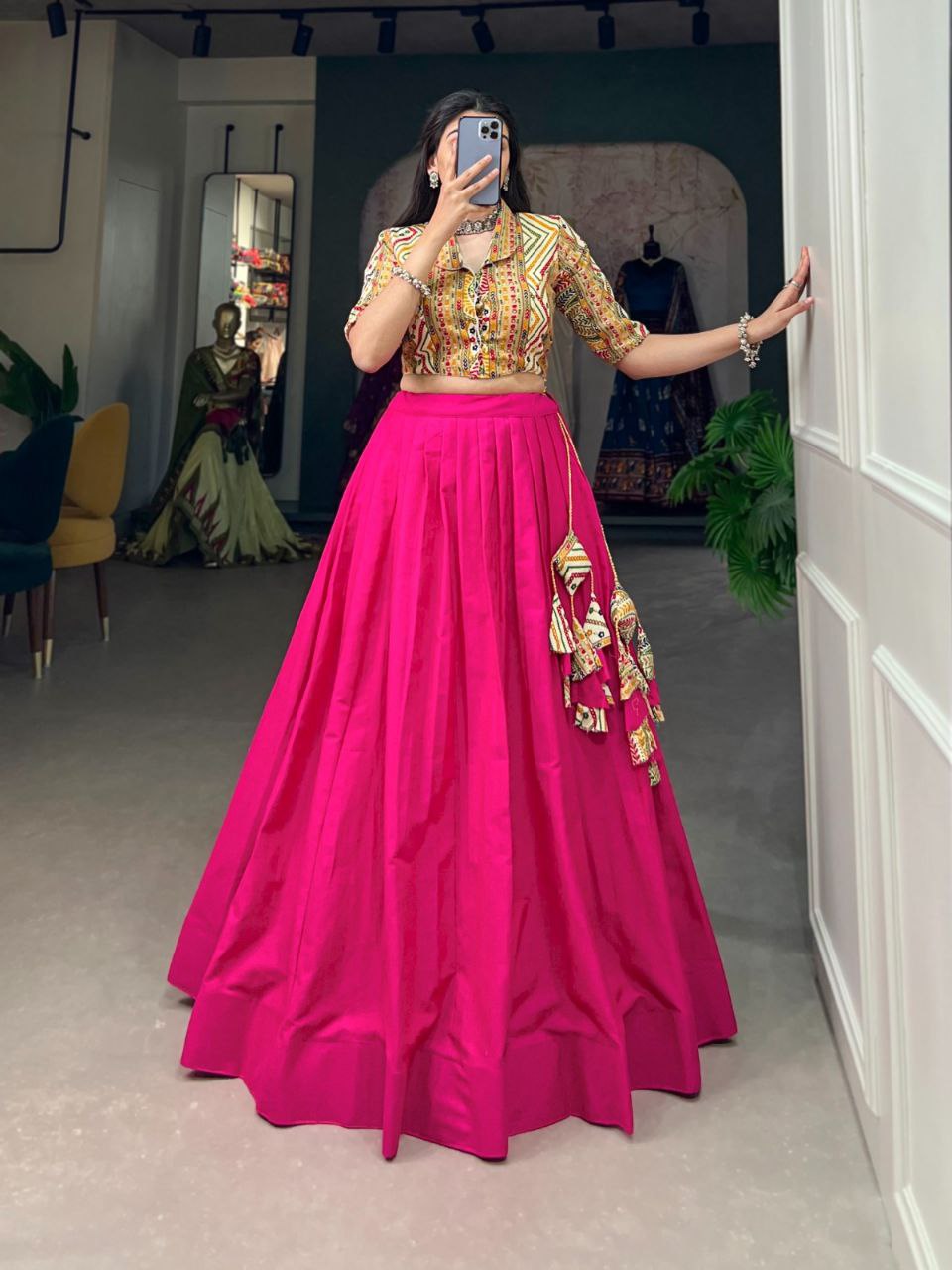 Mirror Work Multicolor Ajrakh Blouse with Dual Lehenga Skirt Set