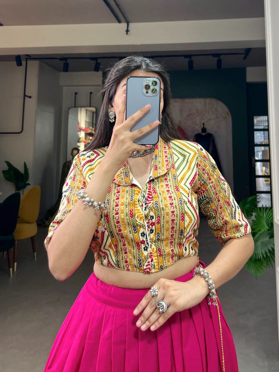 Mirror Work Multicolor Ajrakh Blouse with Dual Lehenga Skirt Set