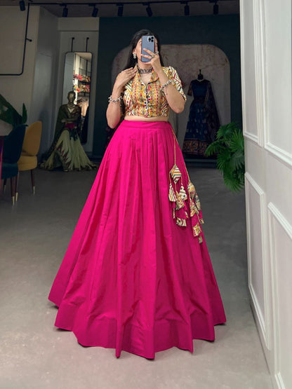 Mirror Work Multicolor Ajrakh Blouse with Dual Lehenga Skirt Set