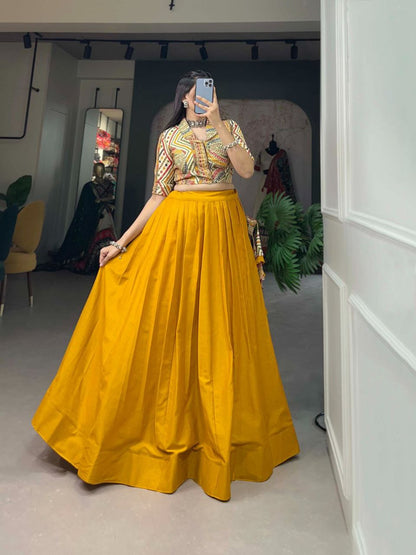 Mirror Work Multicolor Ajrakh Blouse with Dual Lehenga Skirt Set