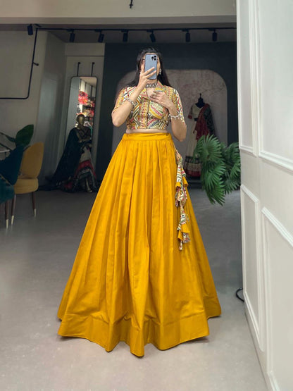 Mirror Work Multicolor Ajrakh Blouse with Dual Lehenga Skirt Set