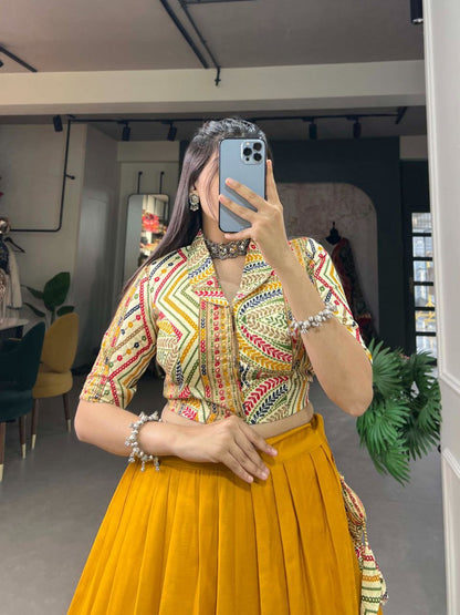 Mirror Work Multicolor Ajrakh Blouse with Dual Lehenga Skirt Set