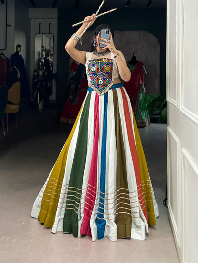 Multicolor Stripe Panel Ghagra Choli with Hand Embroidered Kutchi Mirror Yoke