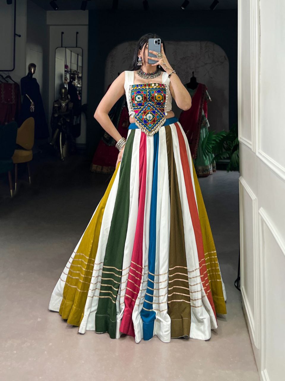 Multicolor Stripe Panel Ghagra Choli with Hand Embroidered Kutchi Mirror Yoke