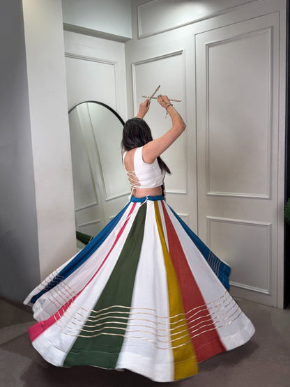 Multicolor Stripe Panel Ghagra Choli with Hand Embroidered Kutchi Mirror Yoke