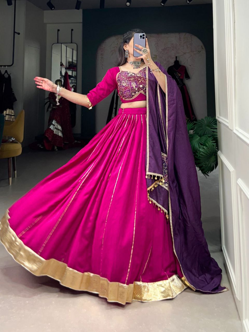 Magenta Chanderi Stitched Lehenga Choli with Zari Gota Patti & Vintage Sequins Work, Paired with Purple Dupatta - Drapes Dress