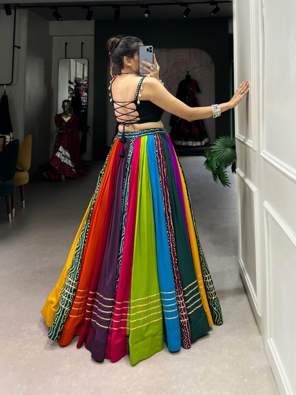 Multicolor Pure Rayon Stitched Lehenga Choli with Printed Gota Patti Work & Paper Mirror Blouse - Drapes Dress