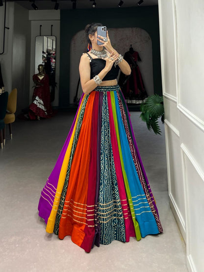 Multicolor Pure Rayon Stitched Lehenga Choli with Printed Gota Patti Work & Paper Mirror Blouse - Drapes Dress