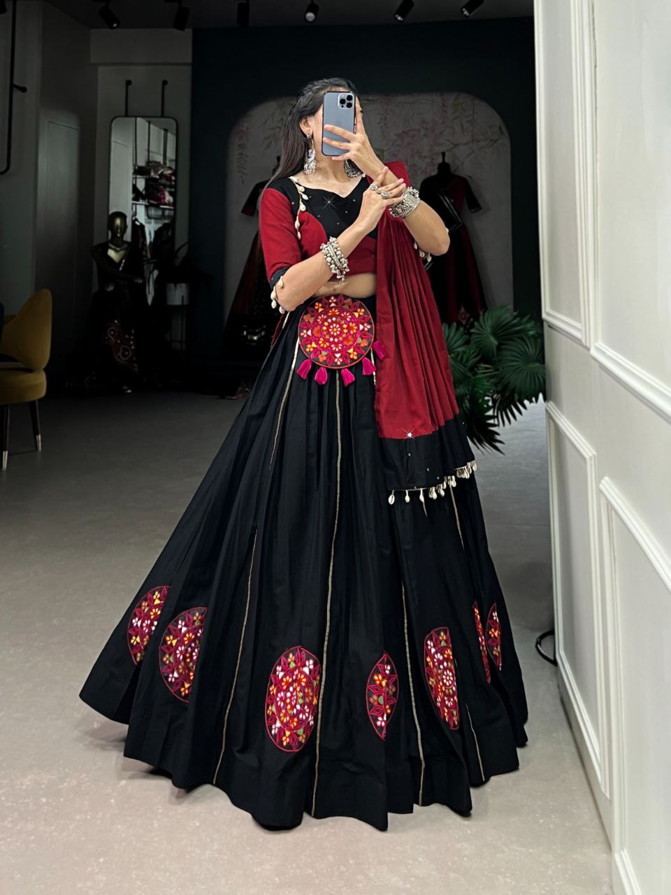 Black & Maroon Pure Cotton Stitched Lehenga Choli with Gamthi Patch Work, Paper Mirror Hand Work & Purse Set - Drapes Dress