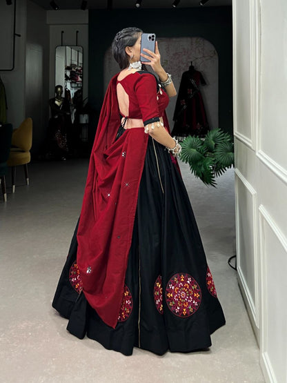 Black & Maroon Pure Cotton Stitched Lehenga Choli with Gamthi Patch Work, Paper Mirror Hand Work & Purse Set - Drapes Dress