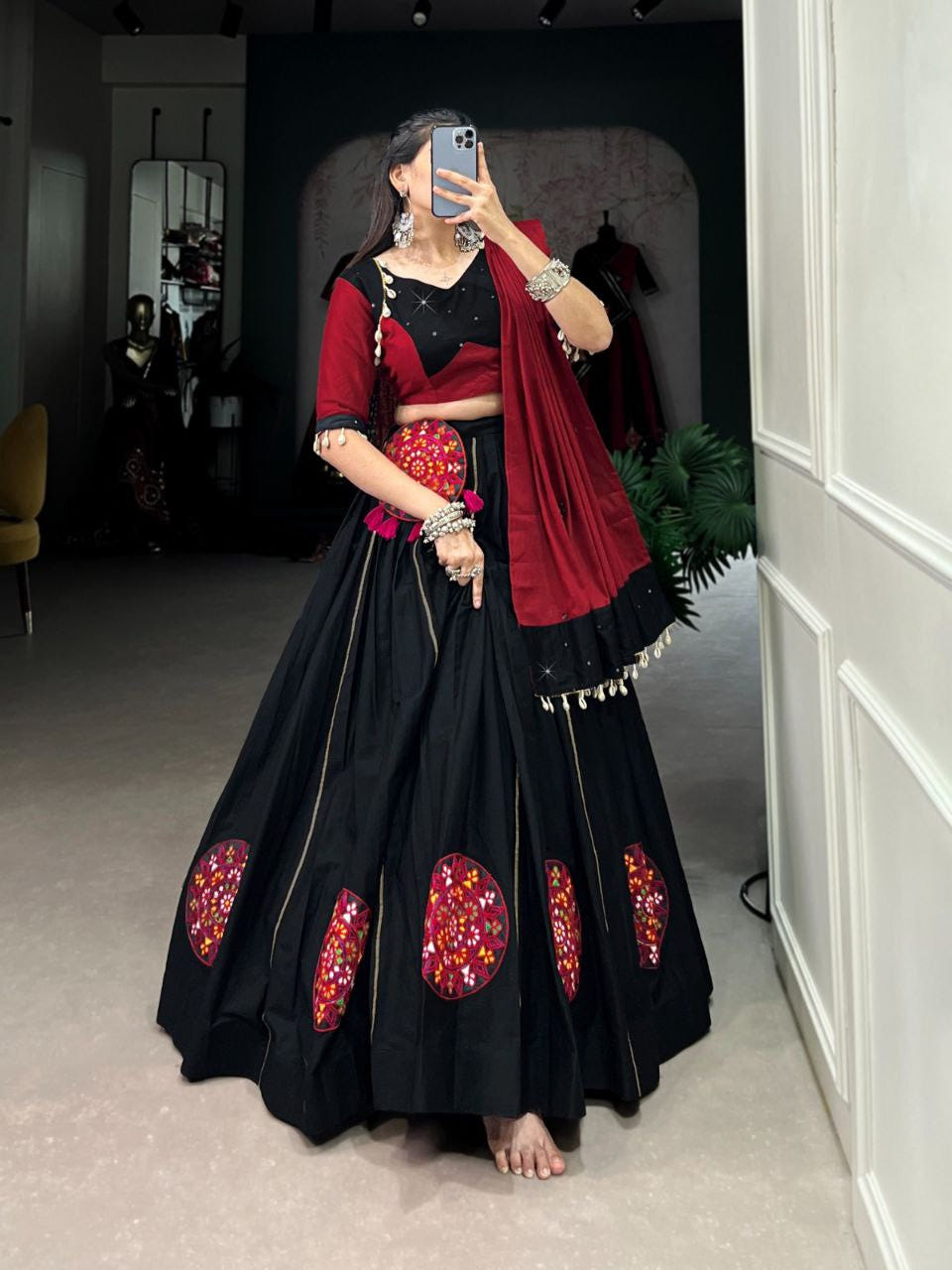 Black & Maroon Pure Cotton Stitched Lehenga Choli with Gamthi Patch Work, Paper Mirror Hand Work & Purse Set - Drapes Dress