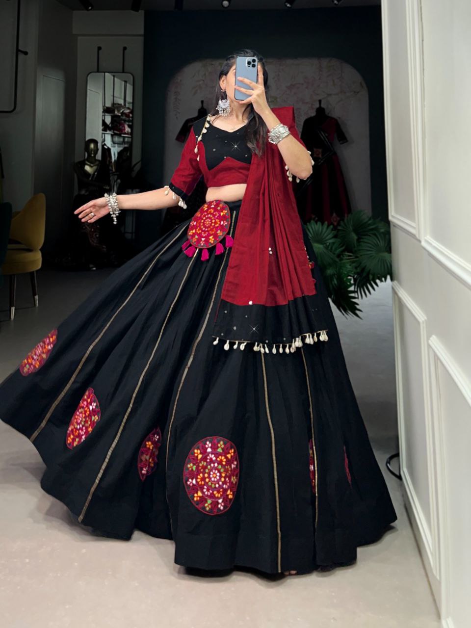 Black & Maroon Pure Cotton Stitched Lehenga Choli with Gamthi Patch Work, Paper Mirror Hand Work & Purse Set - Drapes Dress