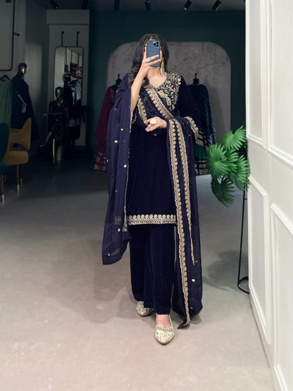 Velvet Stitched Salwar Suit Set in Navy Blue with Sequins & Thread Embroidery Work | Top, Bottom & Dupatta - Drapes Dress