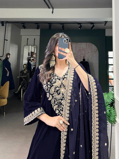 Velvet Stitched Salwar Suit Set in Navy Blue with Sequins & Thread Embroidery Work | Top, Bottom & Dupatta - Drapes Dress