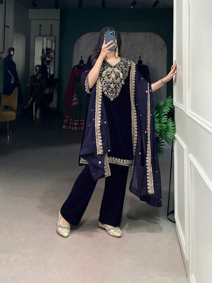Velvet Stitched Salwar Suit Set in Navy Blue with Sequins & Thread Embroidery Work | Top, Bottom & Dupatta - Drapes Dress