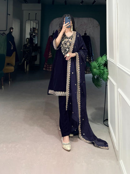 Velvet Stitched Salwar Suit Set in Navy Blue with Sequins & Thread Embroidery Work | Top, Bottom & Dupatta - Drapes Dress