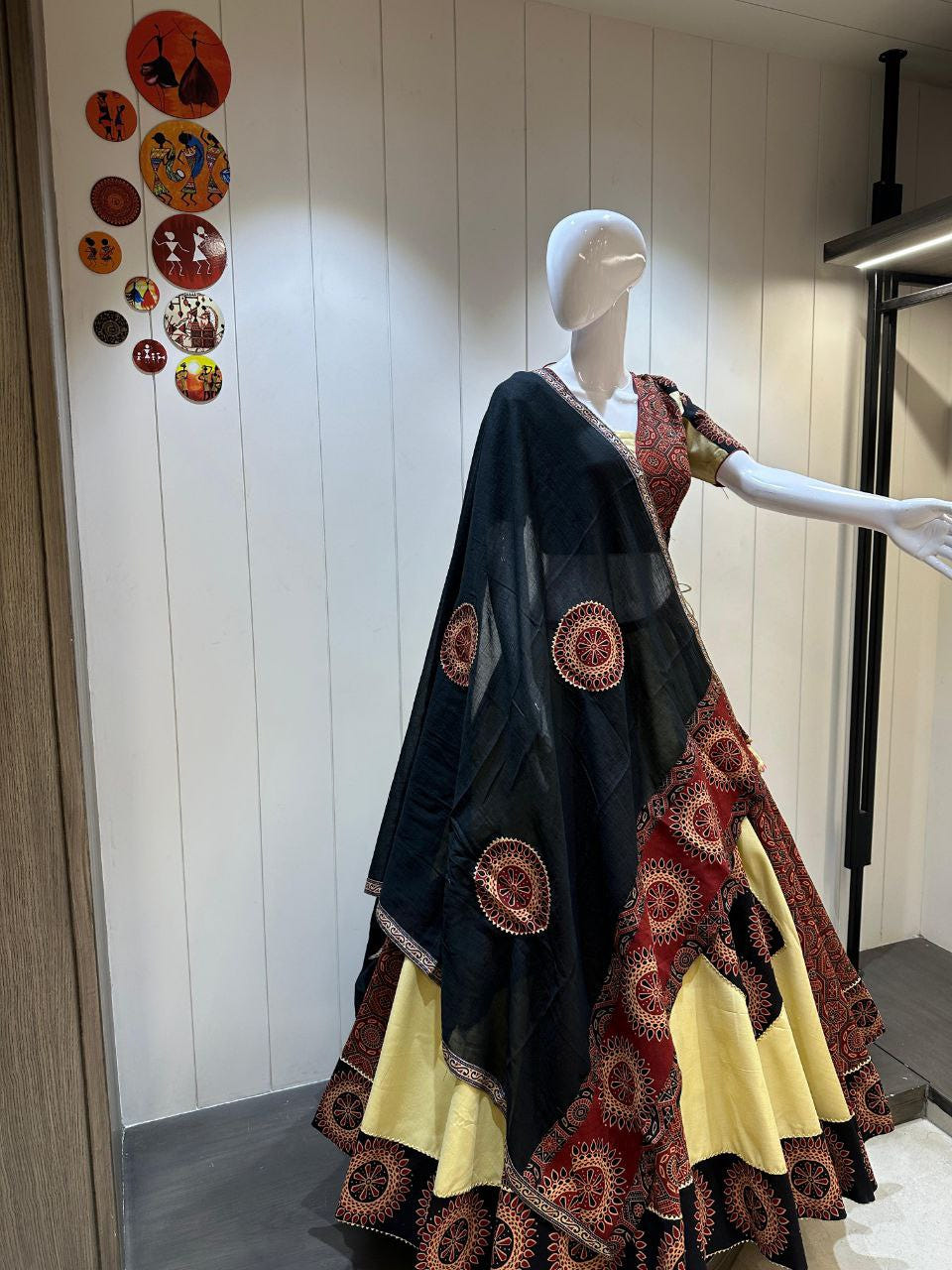 Pure Camric Cotton Chaniya Choli with Heavy Kutchhi Patch Work, 8 Meter Flare Skirt with Pocket - Drapes Dress