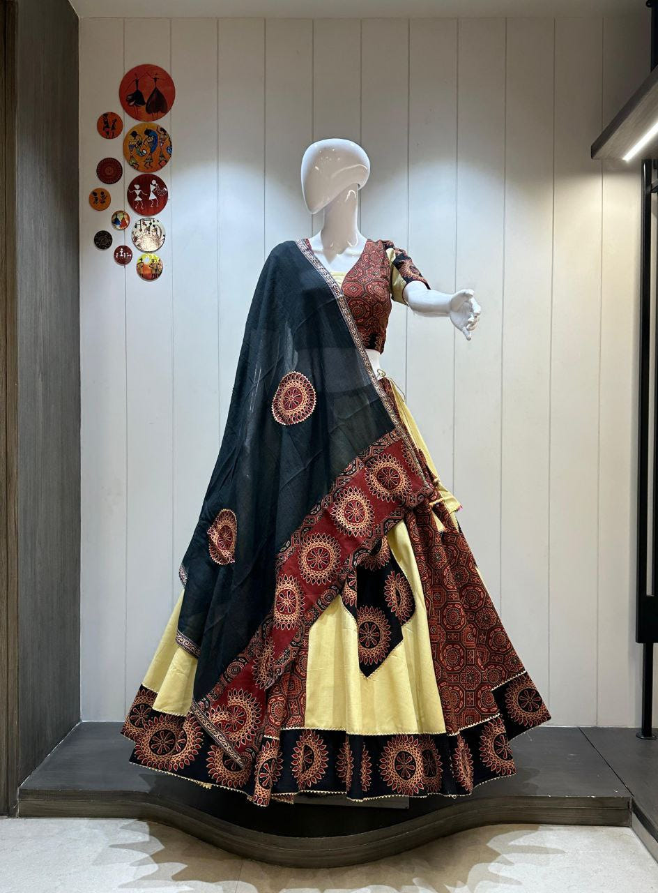 Pure Camric Cotton Chaniya Choli with Heavy Kutchhi Patch Work, 8 Meter Flare Skirt with Pocket - Drapes Dress