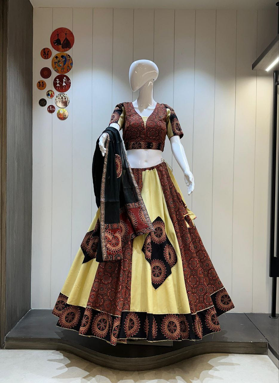 Pure Camric Cotton Chaniya Choli with Heavy Kutchhi Patch Work, 8 Meter Flare Skirt with Pocket - Drapes Dress