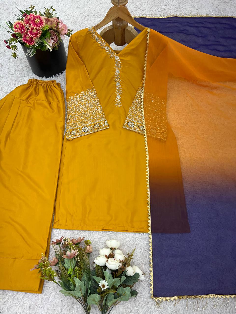 Punjabi Suit with Embroidery Work, Fancy Neck & Dupatta – Ready to Wear Palazzo Style Salwar Kameez