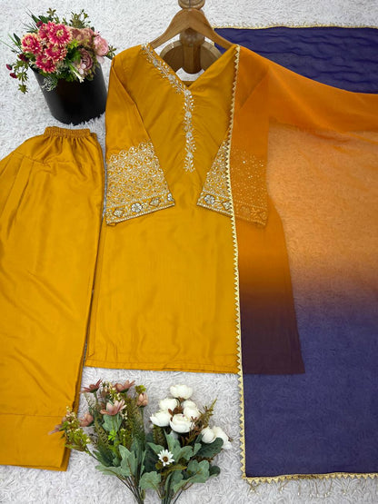 Punjabi Suit with Embroidery Work, Fancy Neck & Dupatta – Ready to Wear Palazzo Style Salwar Kameez