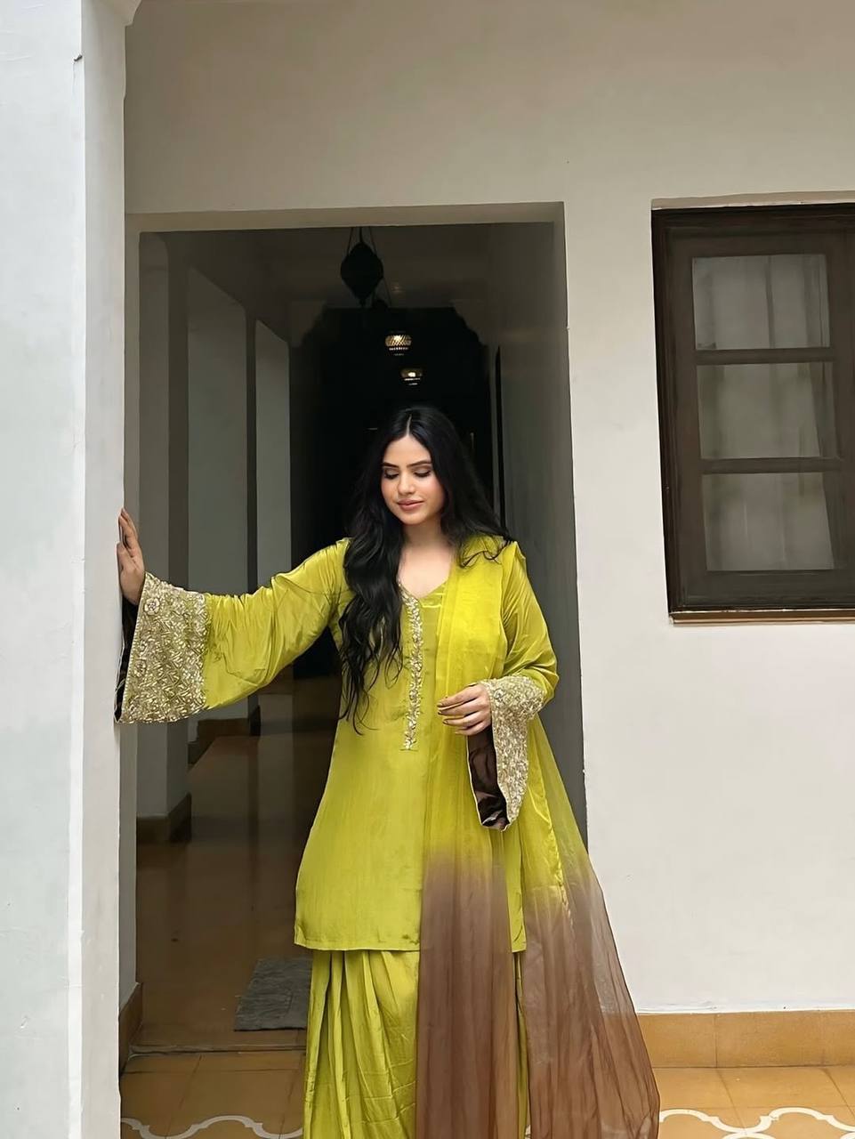 Punjabi Suit with Embroidery Work, Fancy Neck & Dupatta – Ready to Wear Palazzo Style Salwar Kameez