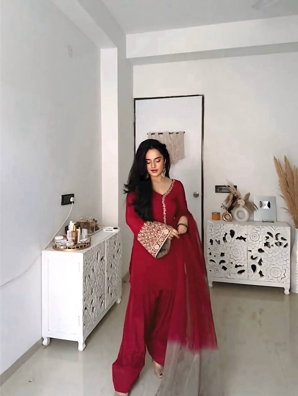 Punjabi Suit with Embroidery Work, Fancy Neck & Dupatta – Ready to Wear Palazzo Style Salwar Kameez