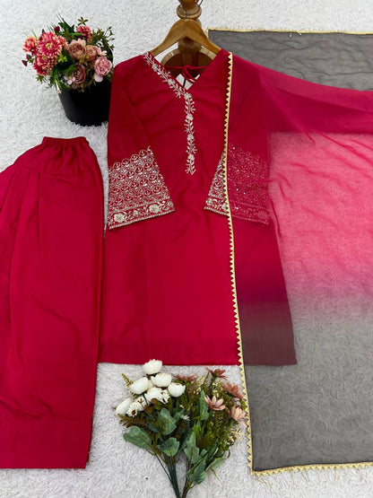 Punjabi Suit with Embroidery Work, Fancy Neck & Dupatta – Ready to Wear Palazzo Style Salwar Kameez