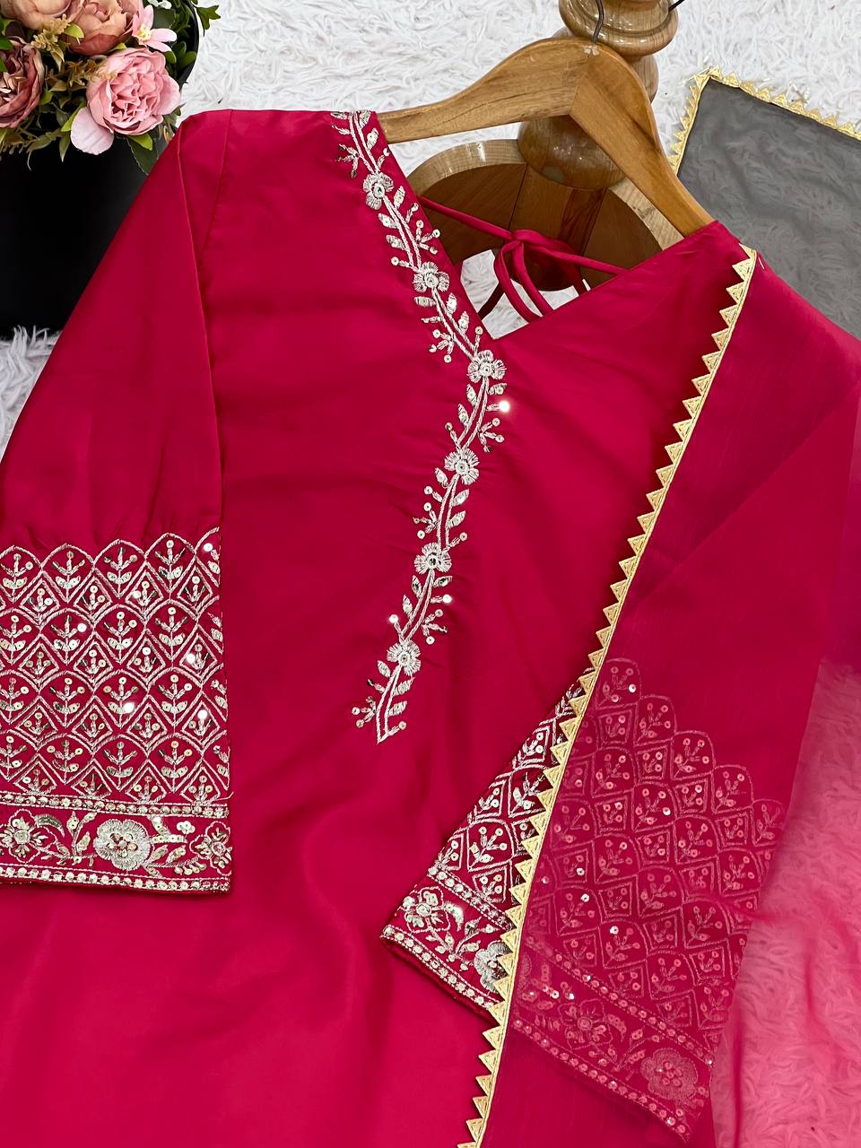 Punjabi Suit with Embroidery Work, Fancy Neck & Dupatta – Ready to Wear Palazzo Style Salwar Kameez